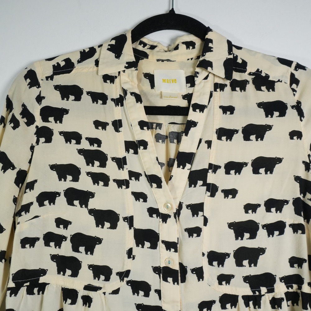 Maeve Bear Print Blouse Women 6 Cream Black Anthropologie Button Down 3/4 Sleeve - Picture 5 of 9